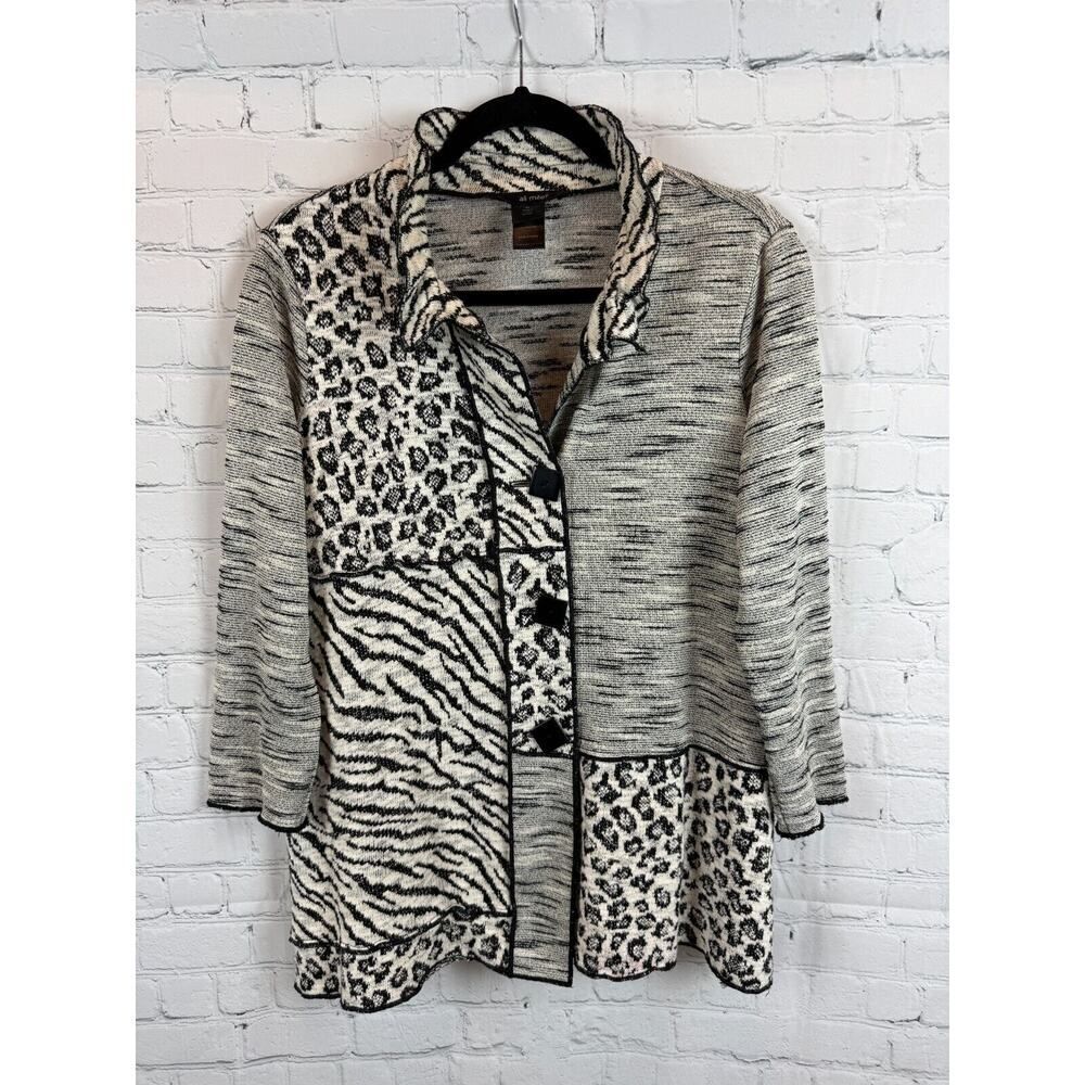 ALI MILES black white animal print button knit 3/4 sleeve cardigan sweater M
